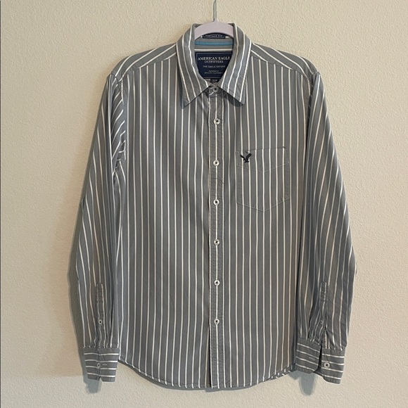 American Eagle Men 100% Gray and White Button Front Medium Striped Shirt Vintage - Picture 1 of 12